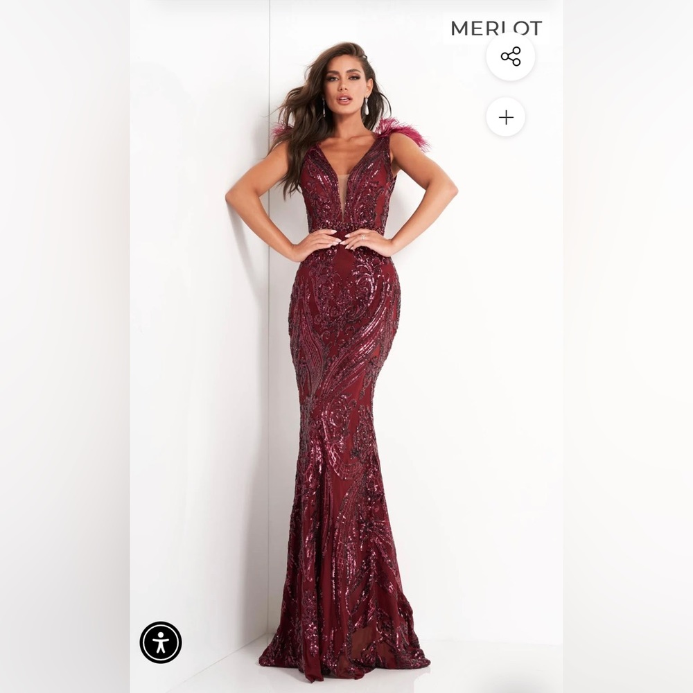 Jovani Feathered Cap Sleeve Gown